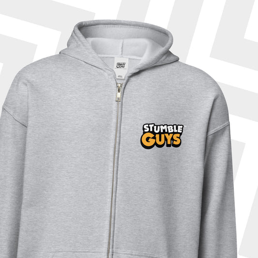 Gray hoodie with 'Stumble Guys' logo on a white background
