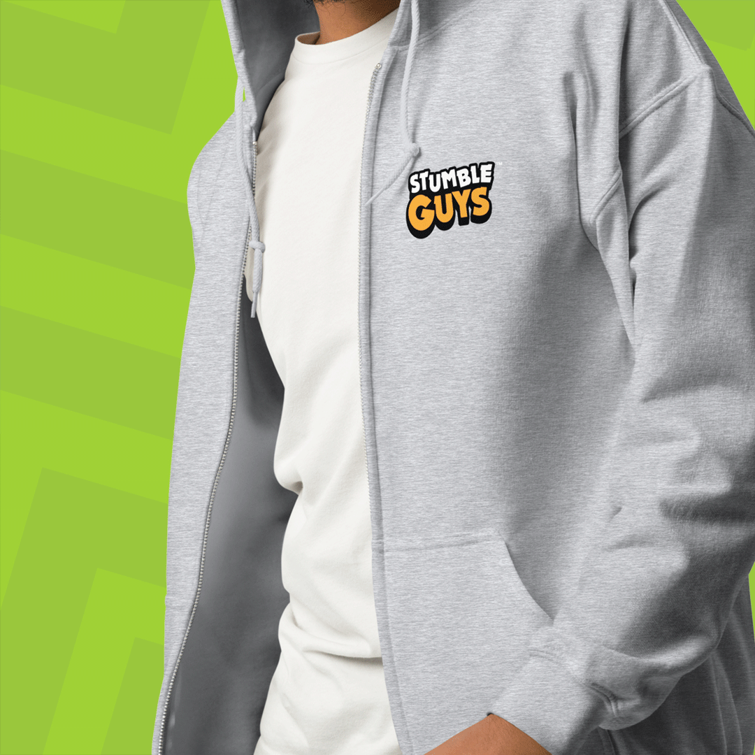 Gray hoodie with 'Stumble Guys' logo on a green background