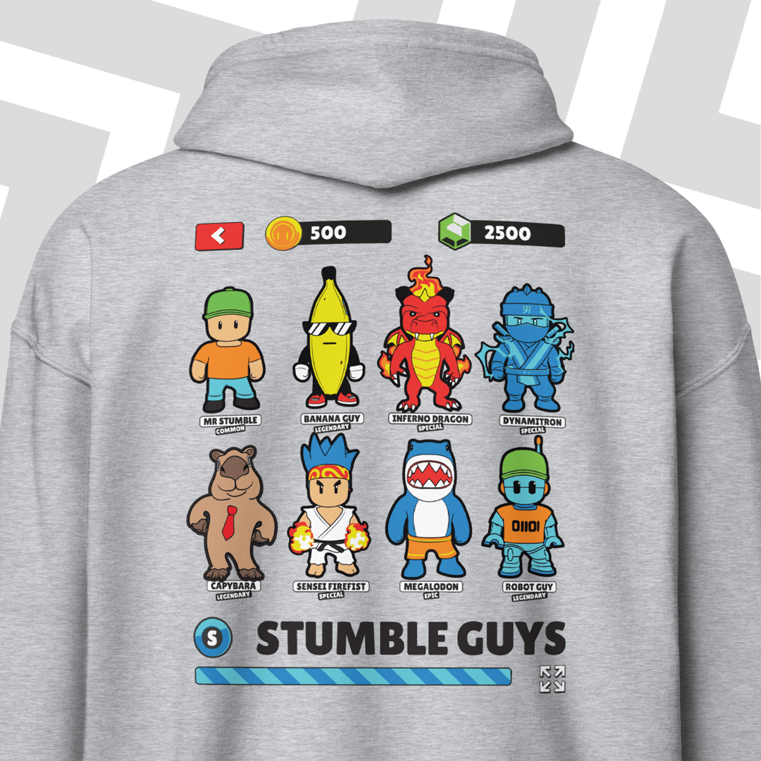 Gray hoodie with 'Stumble Guys' character designs and game interface elements on the back.