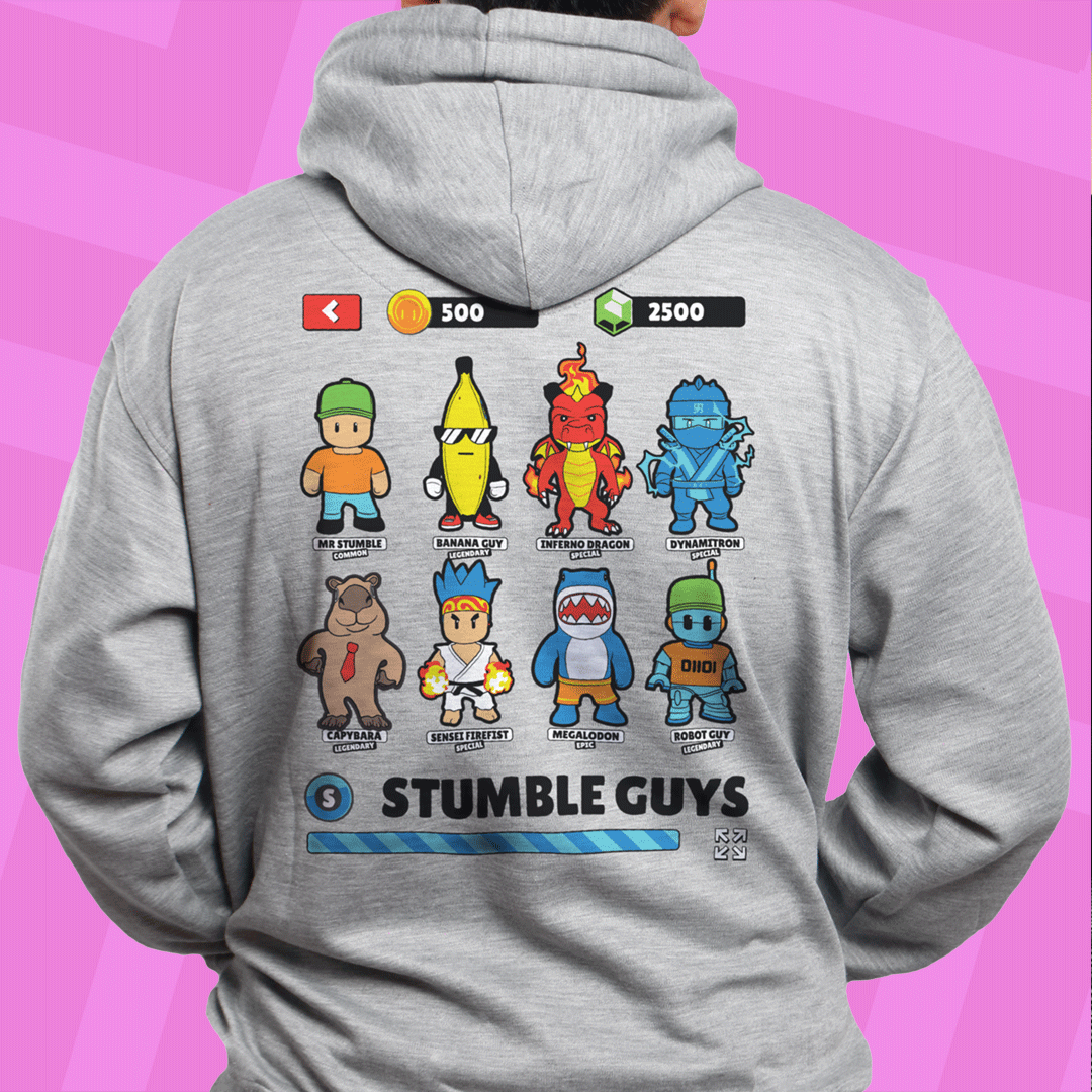 Gray hoodie with 'Stumble Guys' character designs and score display on a pink background