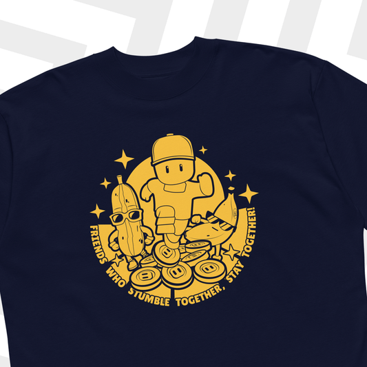 Navy blue t-shirt with yellow Stumble Guys graphic design a white background