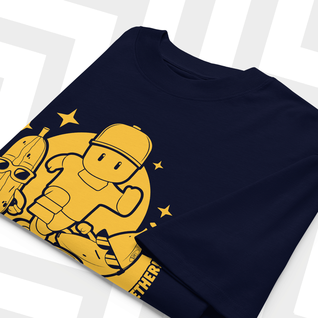 Navy blue t-shirt with yellow Stumble Guys graphic design on a white background