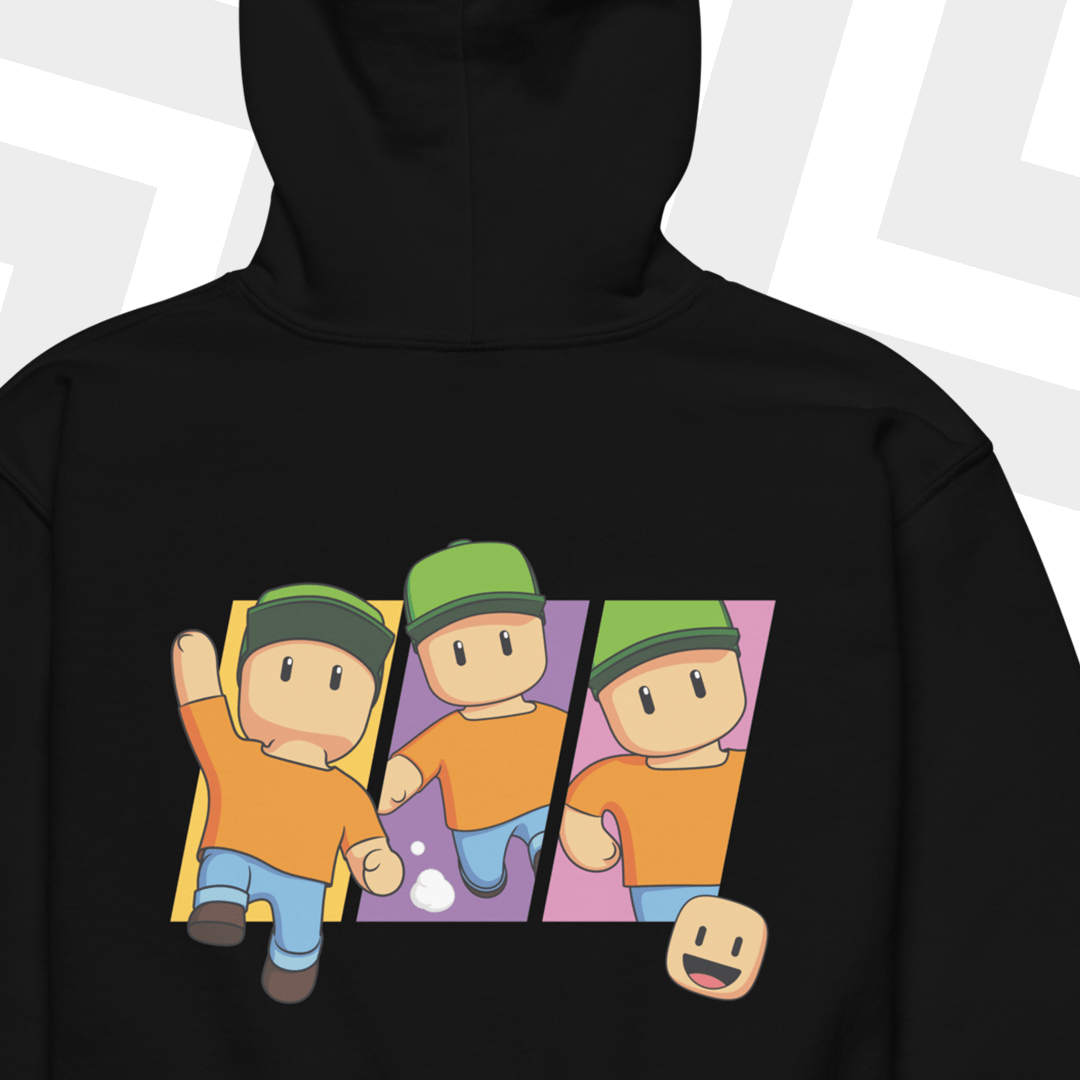 Black hoodie with Mr. Stumble design on a white background