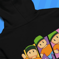 Load image into Gallery viewer, Black hoodie with Mr. Stumble on a blue background
