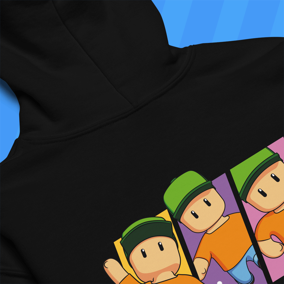 Black hoodie with Mr. Stumble on a blue background