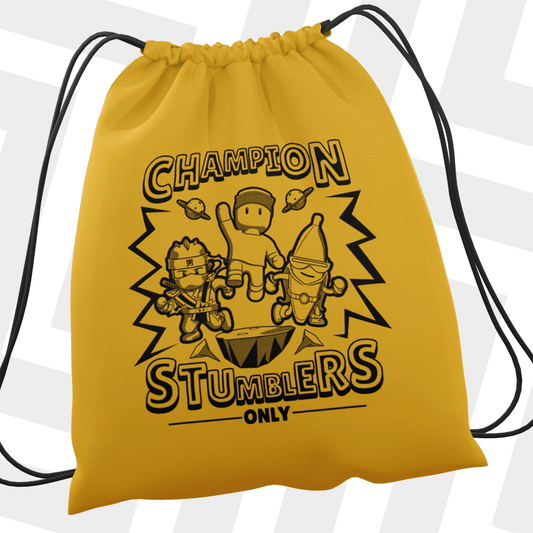 Yellow drawstring bag with black text and Stumble Guys characters on a white background