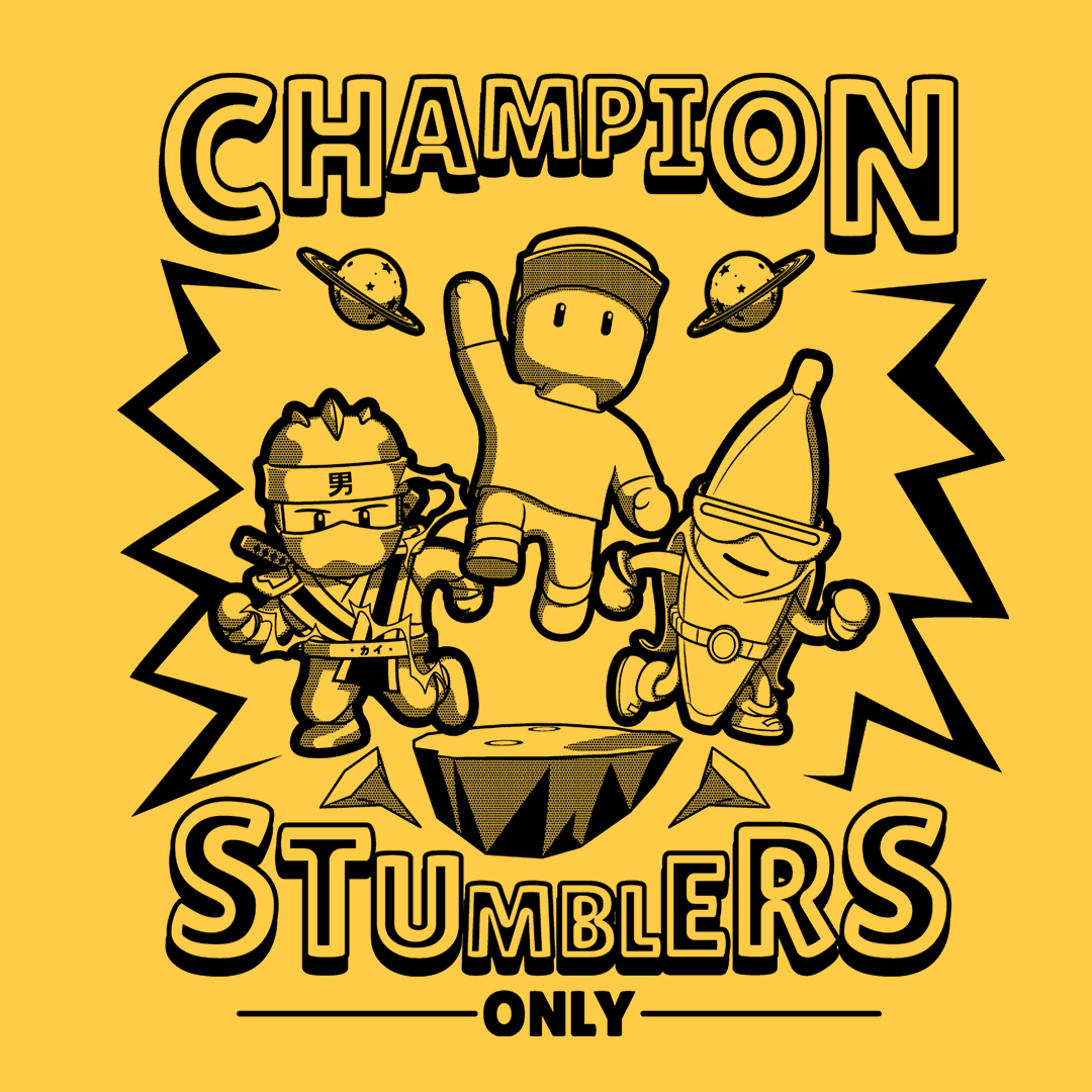 Stumble Guys characters on a yellow background with text 'Champion Stumblers Only'.