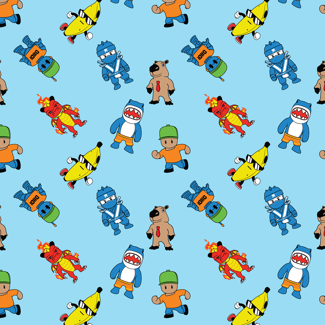 Pattern of Stumble Guys characters on a blue background