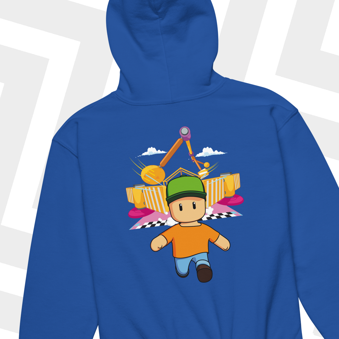 Blue hoodie with Mr. Stumble on a white background