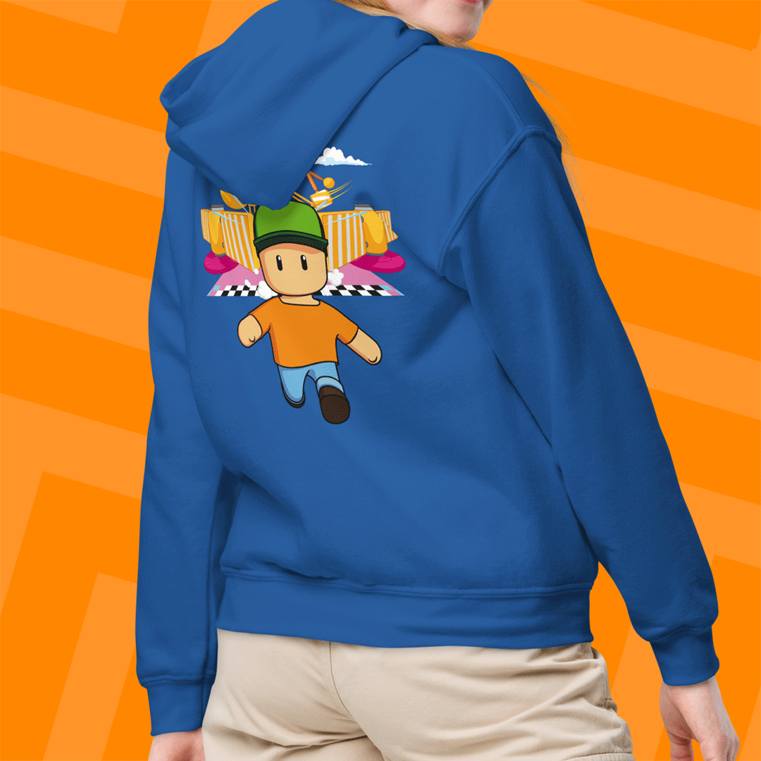 Blue hoodie with Mr. Stumble on the back against an orange background