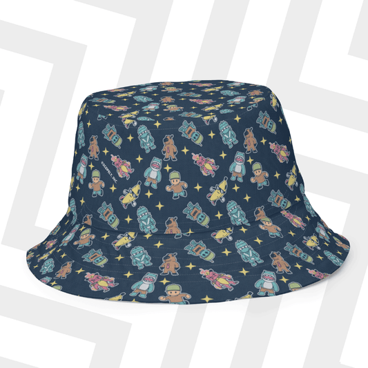 Bucket hat with colorful Stumble Guys pattern on a white chair