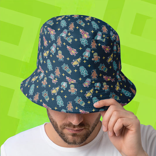 Person wearing a blue bucket hat with colorful Stumble Guys patterns on a green background