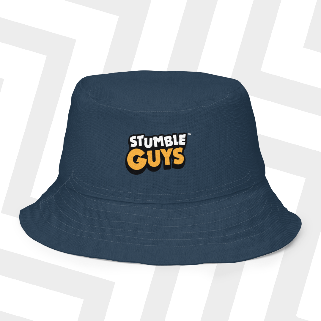 Navy blue bucket hat with 'Stumble Guys' logo on a white background