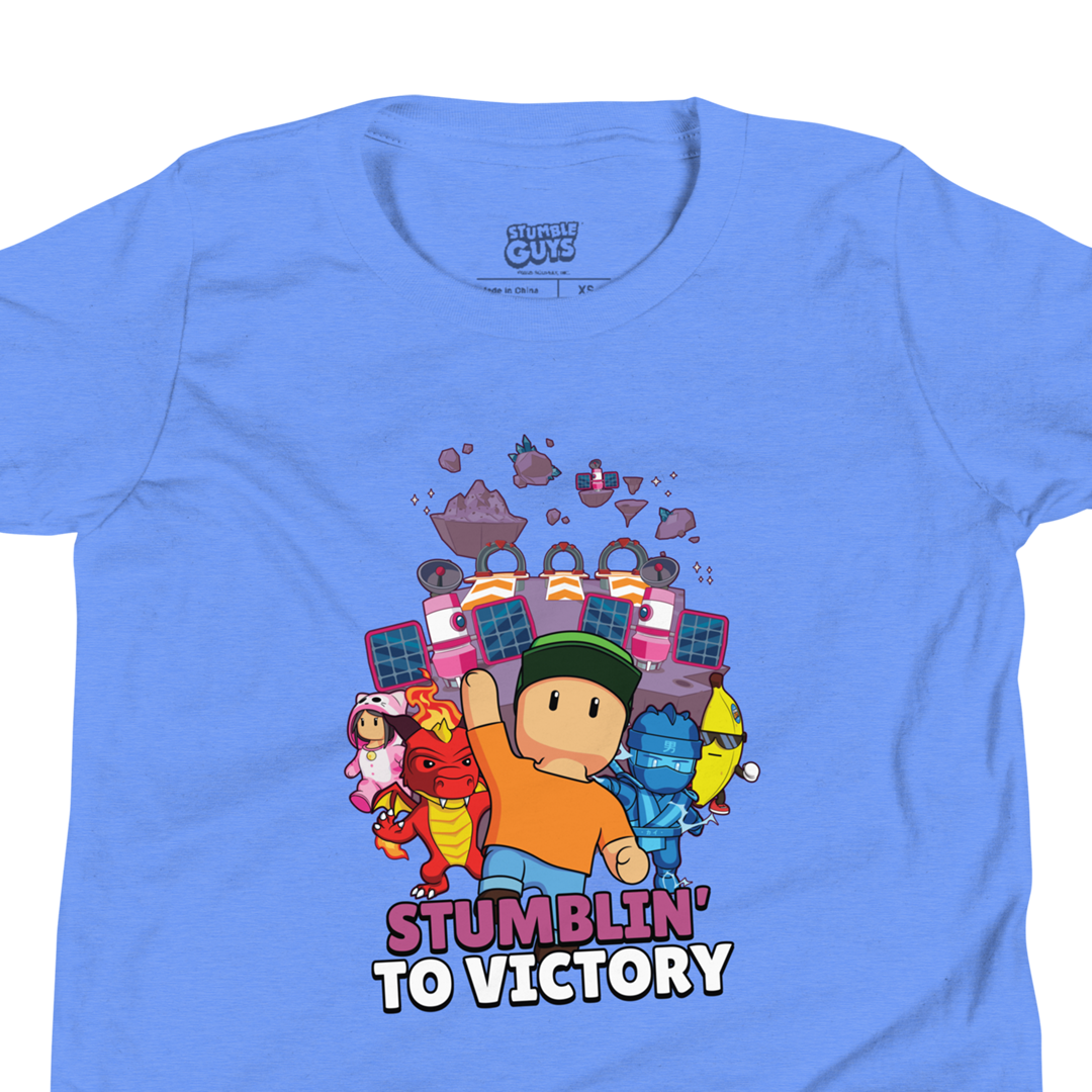 Blue t-shirt with 'Stumble Guys' graphic and text on a white background