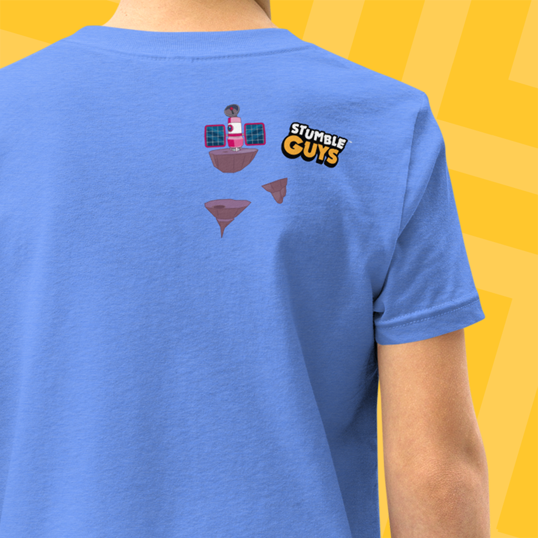 Blue t-shirt with 'Stumble Guys' logo on the back against a yellow background