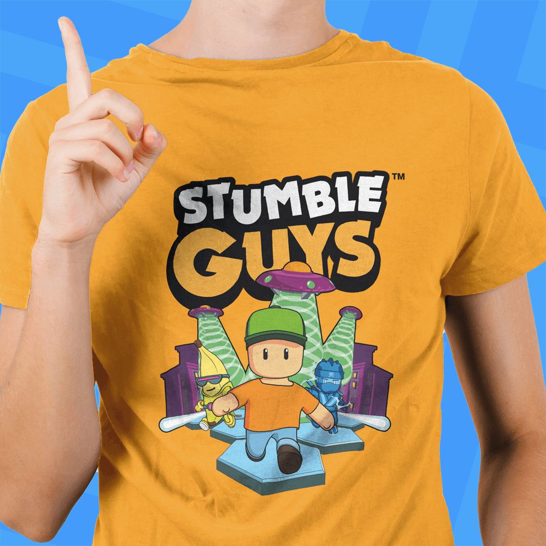 Person wearing a yellow 'Stumble Guys' t-shirt with a blue background