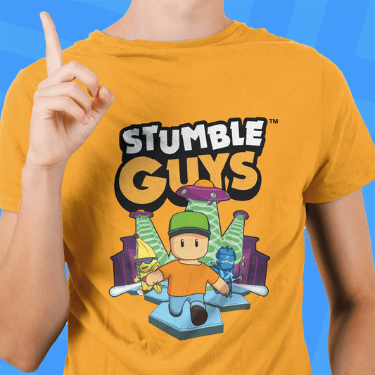 Person wearing a yellow 'Stumble Guys' t-shirt with a blue background