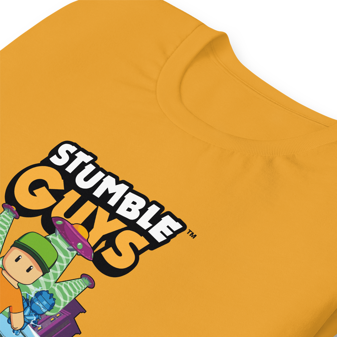 Yellow t-shirt with 'Stumble Guys' logo and character design on a white background