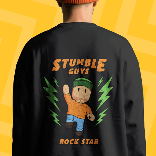 Black sewatshirt with 'Stumble Guys' graphic on a yellow background