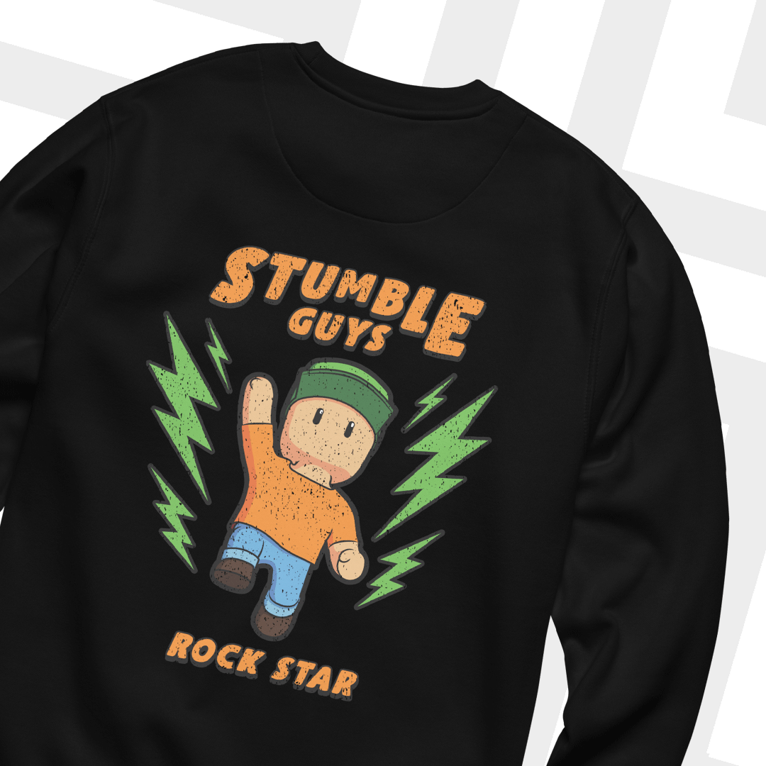 Black sweatshirt with 'Stumble Guys Rock Star' graphic design on a white background