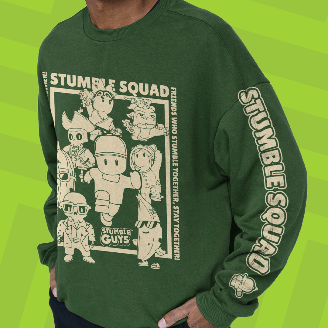 Green sewatshirt with 'Stumble Guys' graphic on a green background