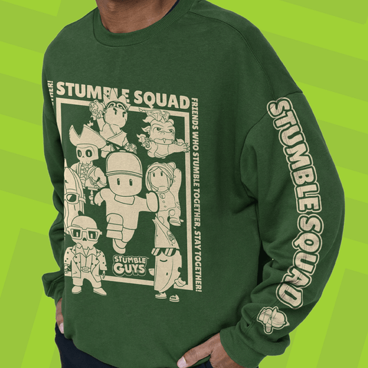 Green sewatshirt with 'Stumble Guys' graphic on a green background