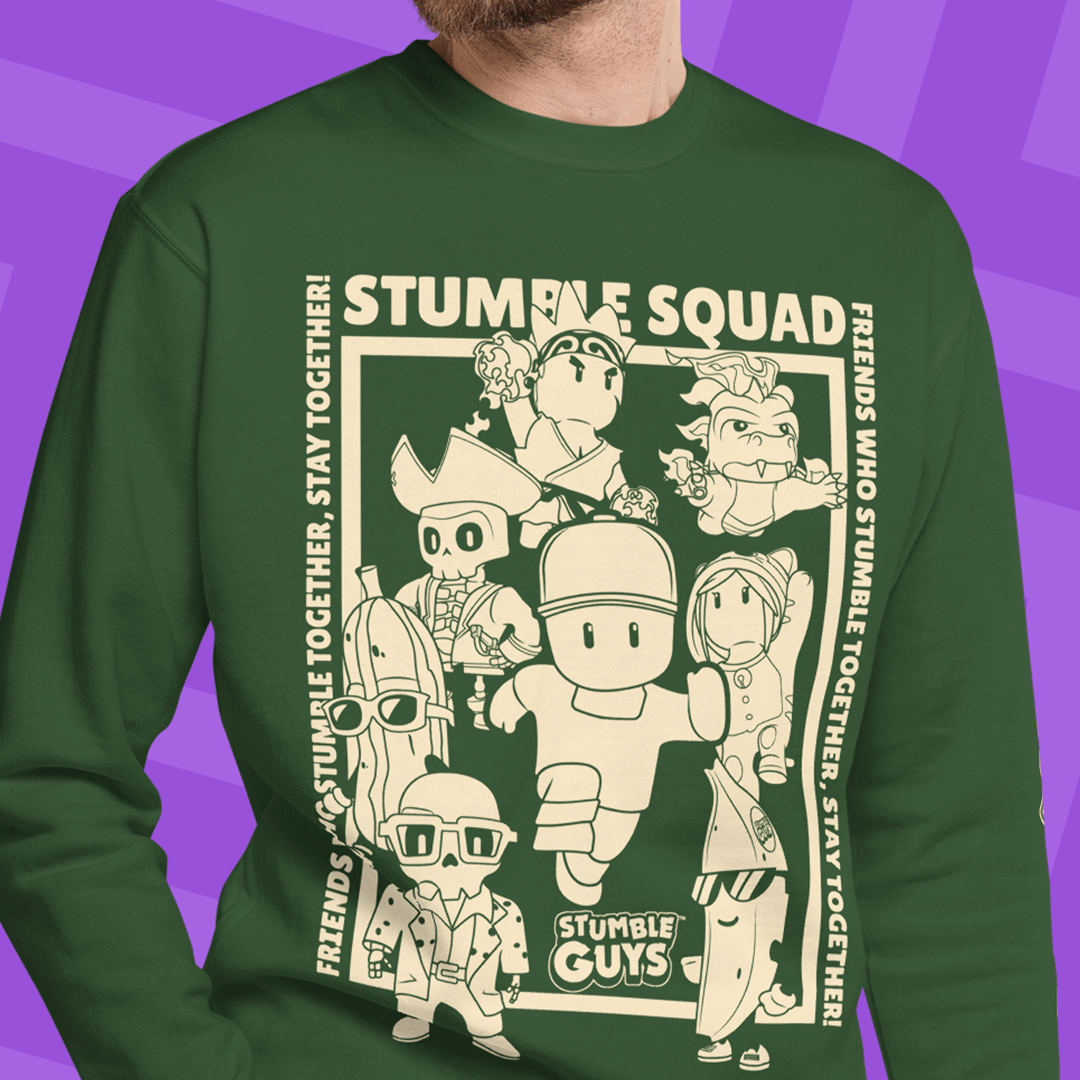 Green sweatshirt with 'Stumble Squad' graphic design on a purple background