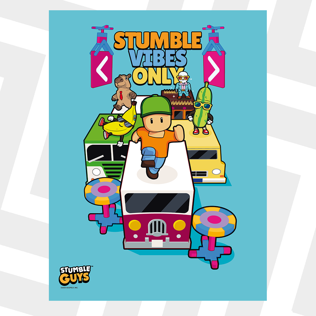 Stumble Guys characters on a vehicle with 'Stumble Vibes Only' text on a blue background.
