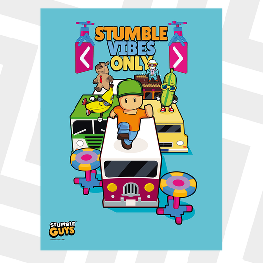 Stumble Guys characters on a vehicle with 'Stumble Vibes Only' text on a blue background.