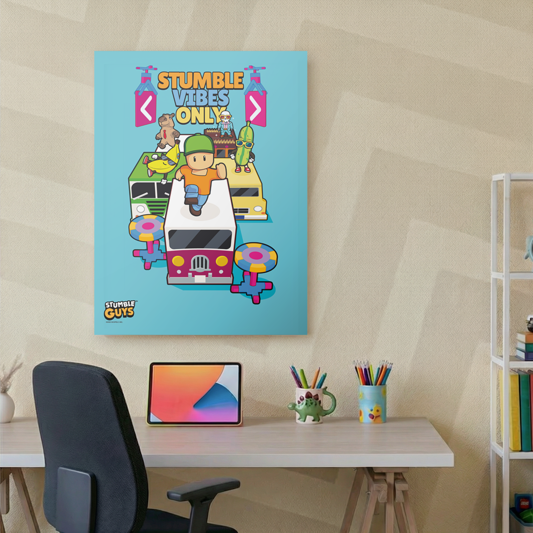Colorful Stumble Guys poster on a wall above a desk.