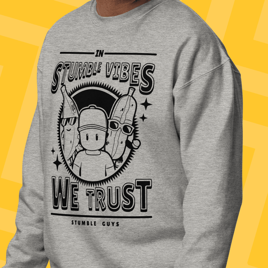 Gray sweatshirt with black Stumble Guys graphic design on a yellow background