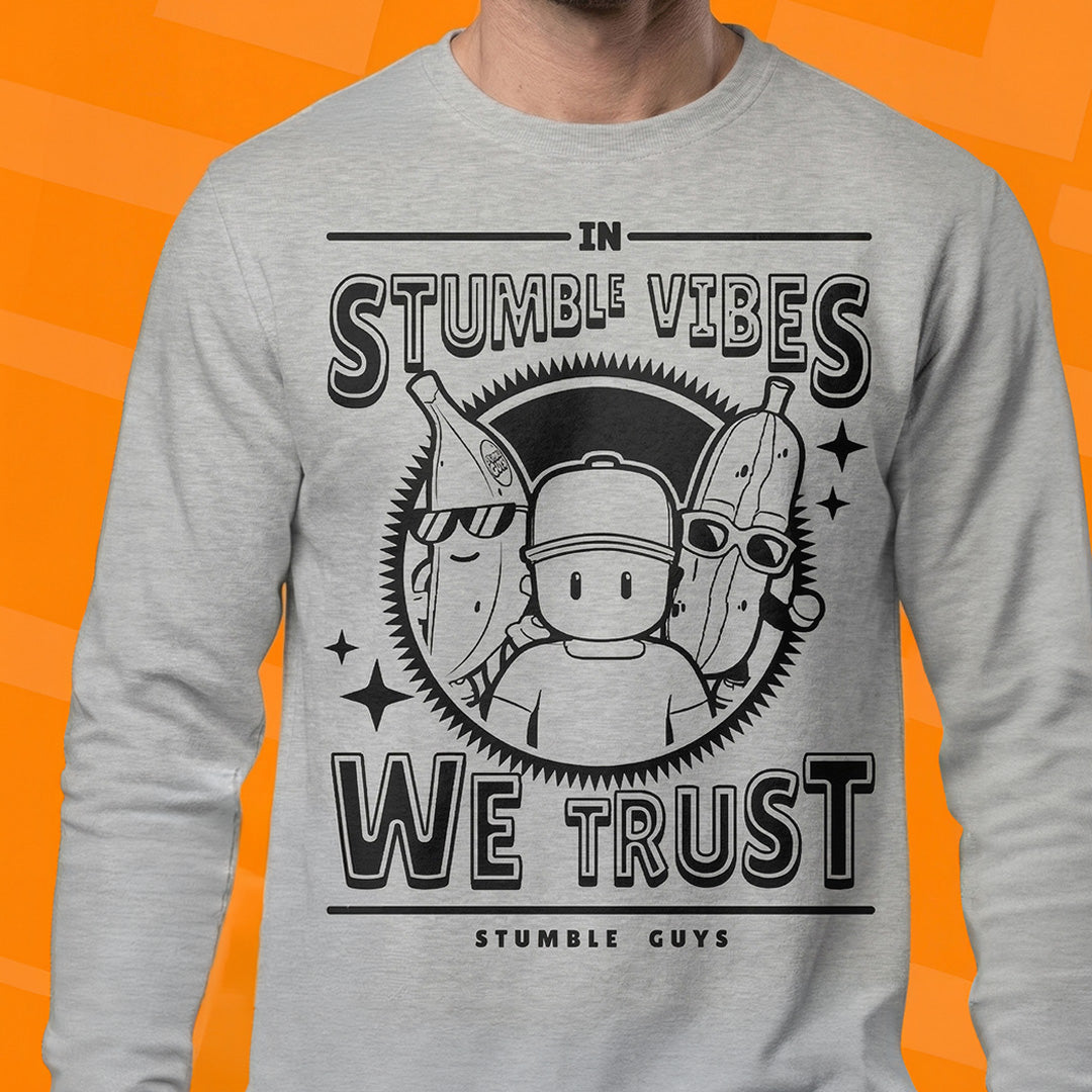 Gray sweatshirt with black Stumble Guys graphic design on a orange background